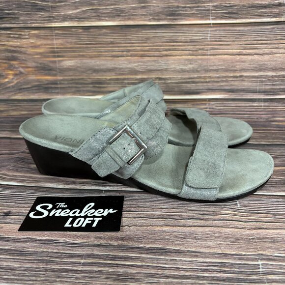 Vionic Natoma Gray Suede Wedge Slide Sandals - Picture 1 of 8